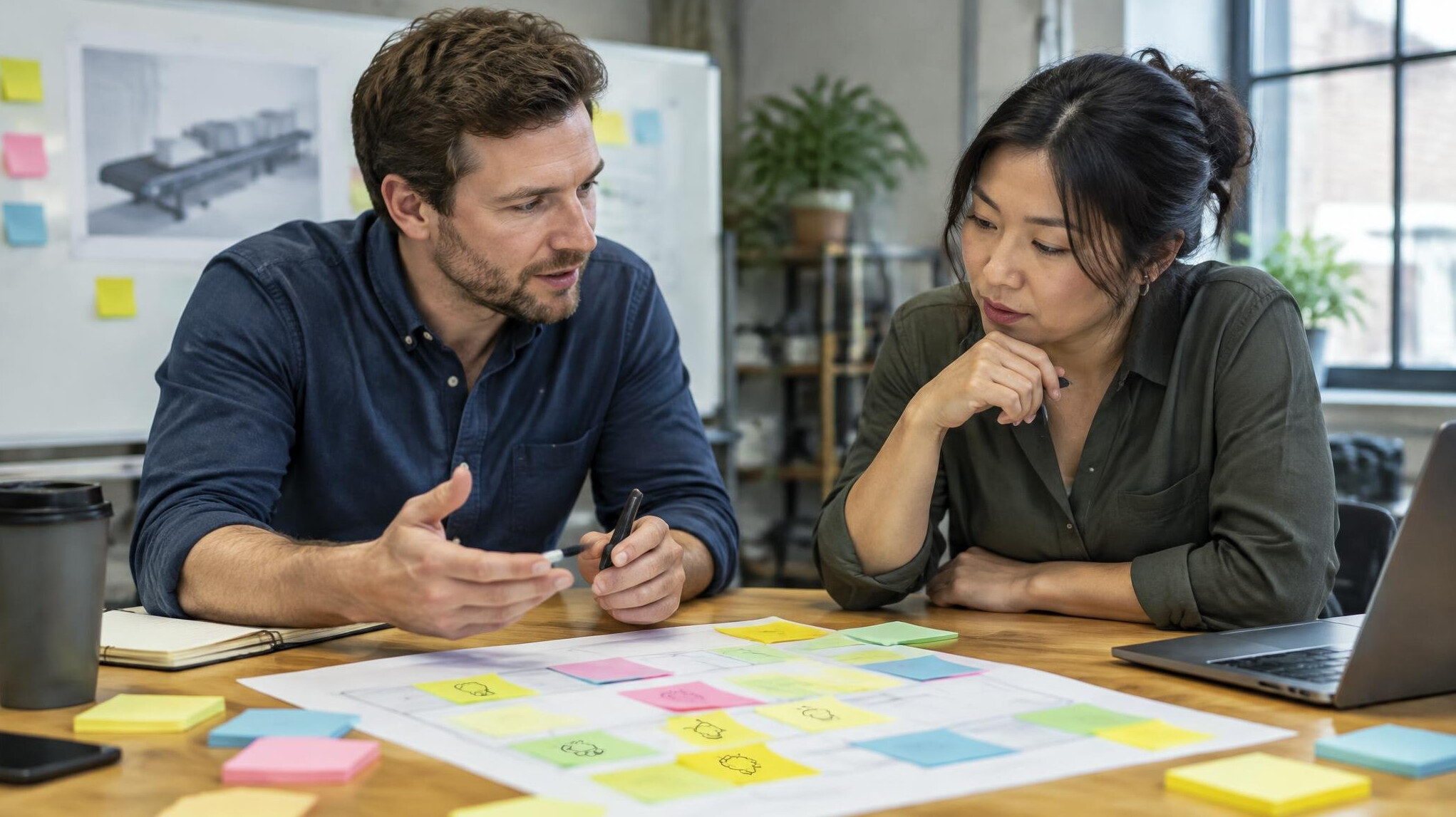 Colleagues discussing a project in a workshop