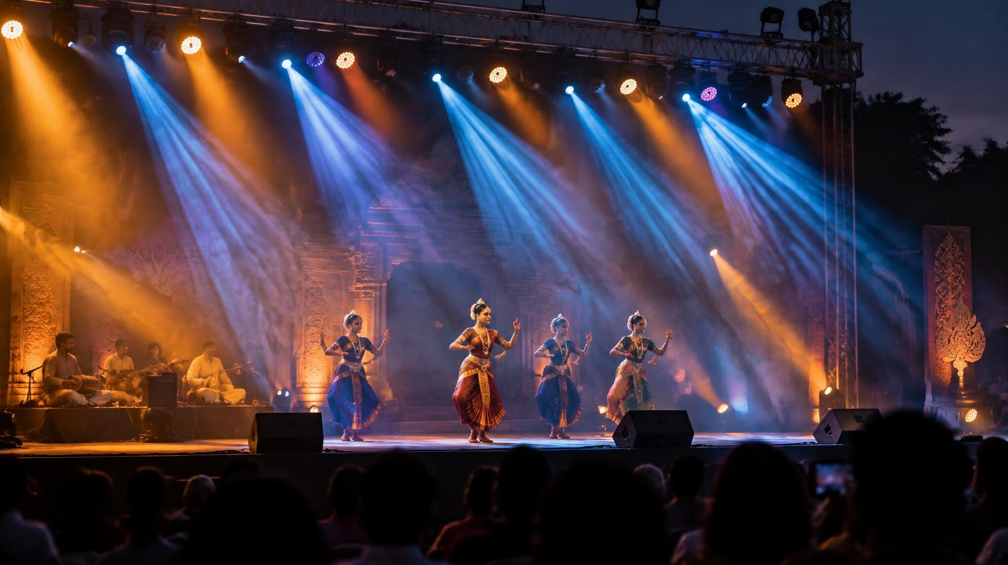 Colorful stage lighting at an evening event